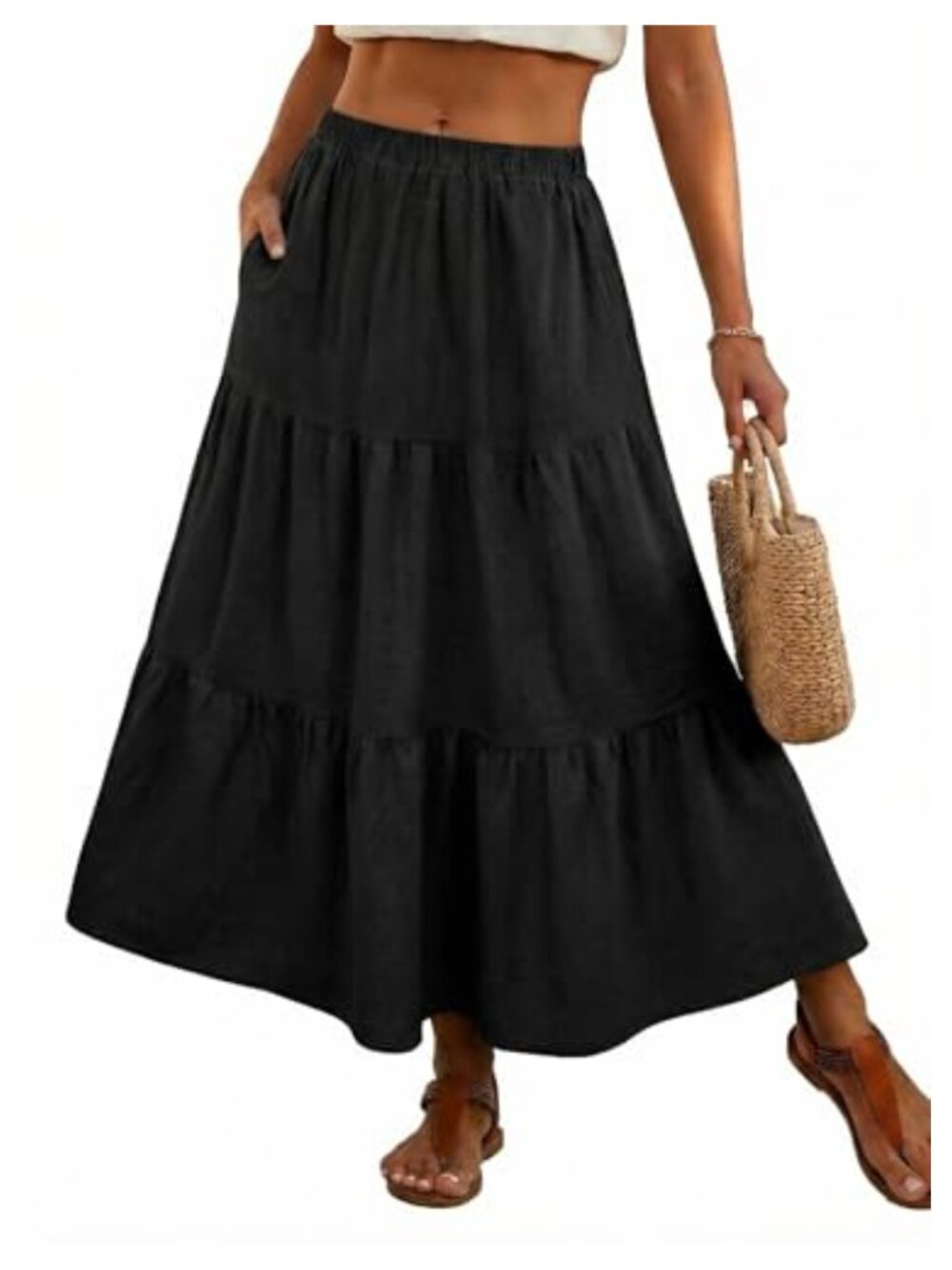 Boho Maxi Skirt with Pockets - Lightweight A-Line Tiered High Waist